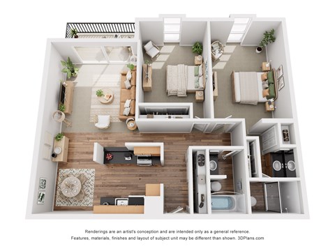 Floor plan for 2 beds, 2 baths, 1072 sqft
